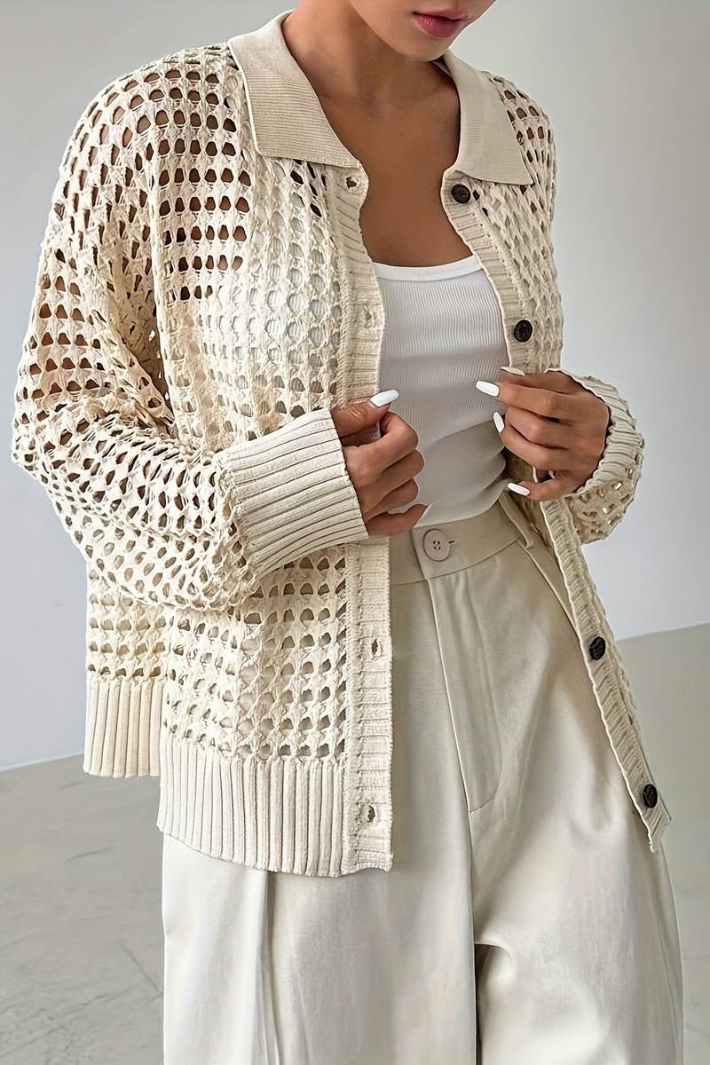 CWOCAL2285_WOMEN'S HOLLOW SOLID COLOR KNIT CARDIGAN