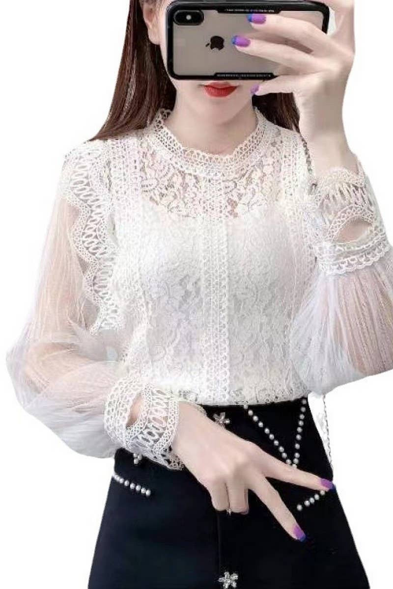 CWTBLL3857_SHEER MESH PUFF SLEEVE LACE BLOUSE