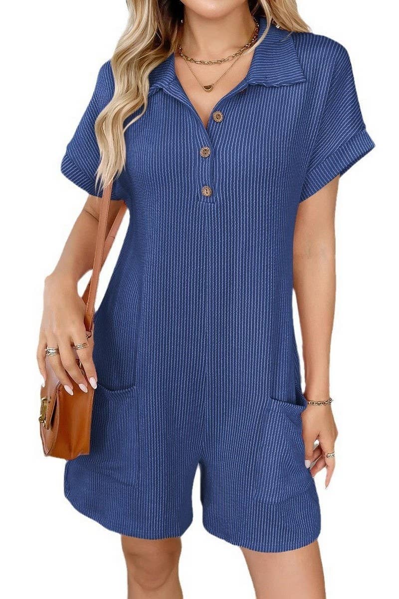 CWSJS1447_SUMMER COLLAR BUTTON LOOSE POCKET JUMPSUIT