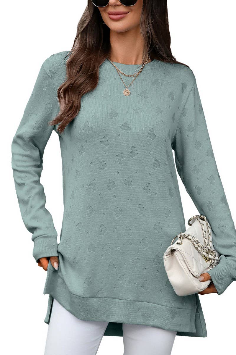 CWTBLL01288_ROUND NECK LONG SLEEVE SLIT SOLID COLOR TOP