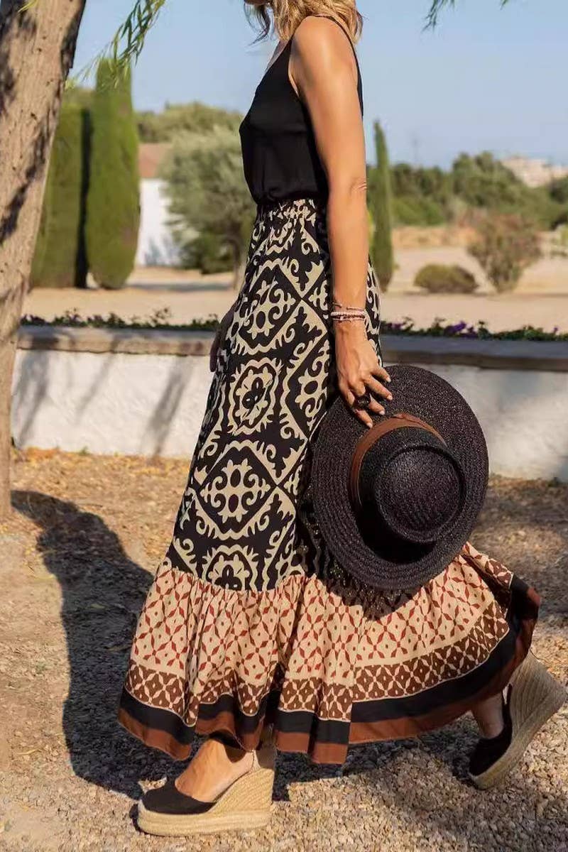 CWBLS0561_SUMMER NEW PRINTED LOOSE STITCHING BIG SWING SKIRT