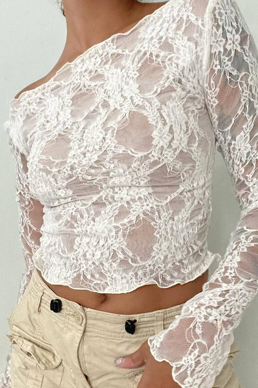CWTBLL1194_SOLID COLOR LACE STITCHING LONG SLEEVE TOP