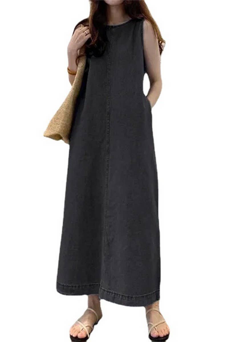 CWDMD3155_ROUND NECK SLEEVELESS POCKET DENIM ROBE DRESS