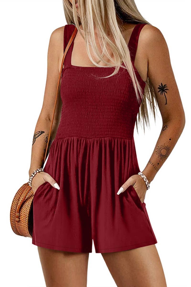 CWSJS1069_SLEEVELESS SQUARE NECK HIGH-WAISTED ROMPER SHORT