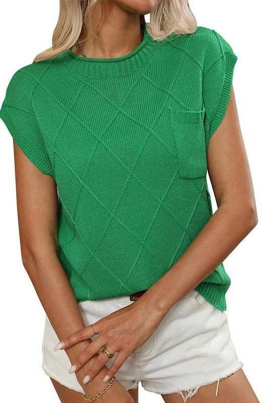 CWTTS1370_ROUND NECK DIAMOND CHECK KNITTED SHORT SLEEVES