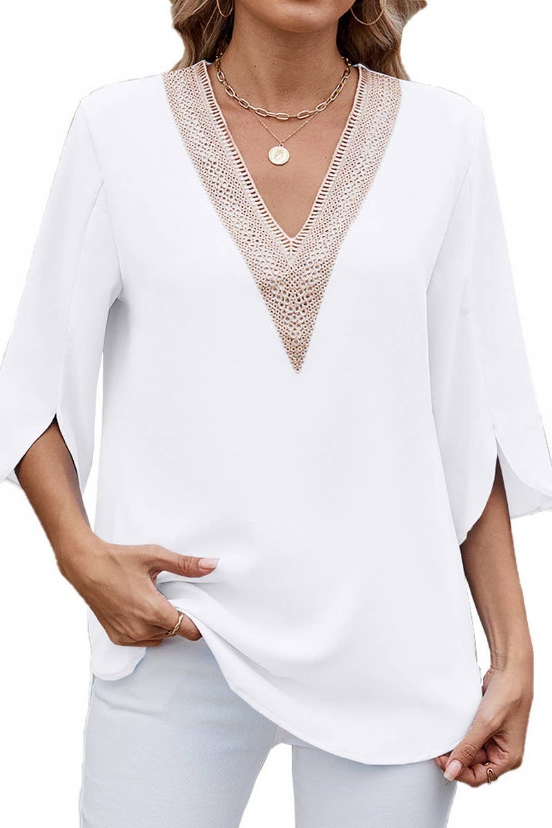 CWTTS1345_SPRING AND SUMMER V-NECK LACE CHIFFON TOP