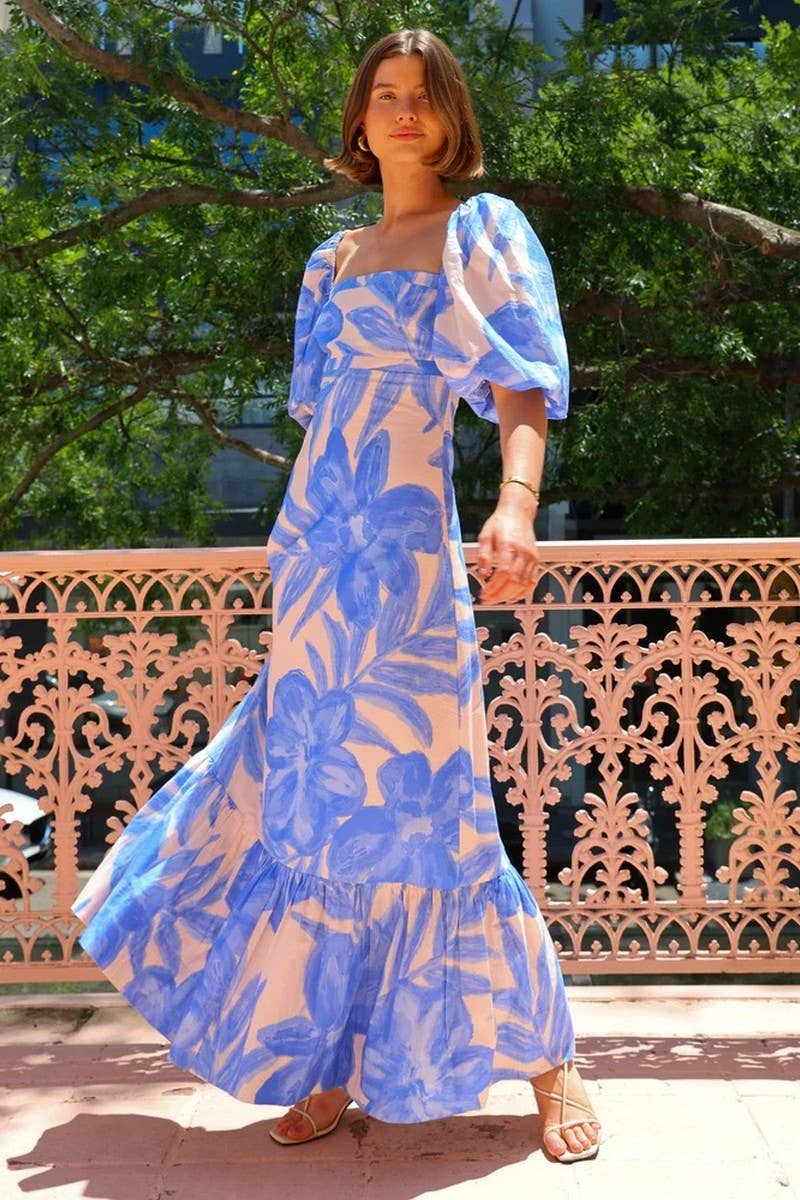 CWDMD5927_SQUARE NECK SLIM LANTERN SLEEVE FRENCH LONG DRESS