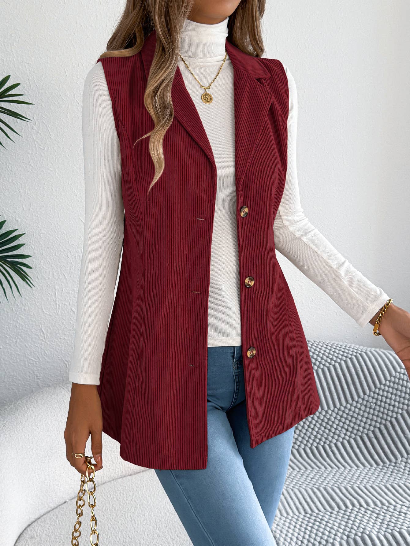 Casual single-breasted suit collar corduroy vest