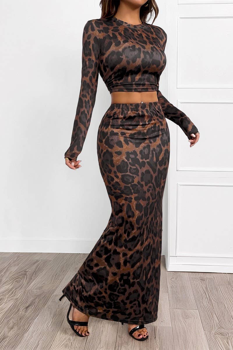 CWSTB2097_LEOPARD PRINT SLIM FIT SPLIT SKIRT SET