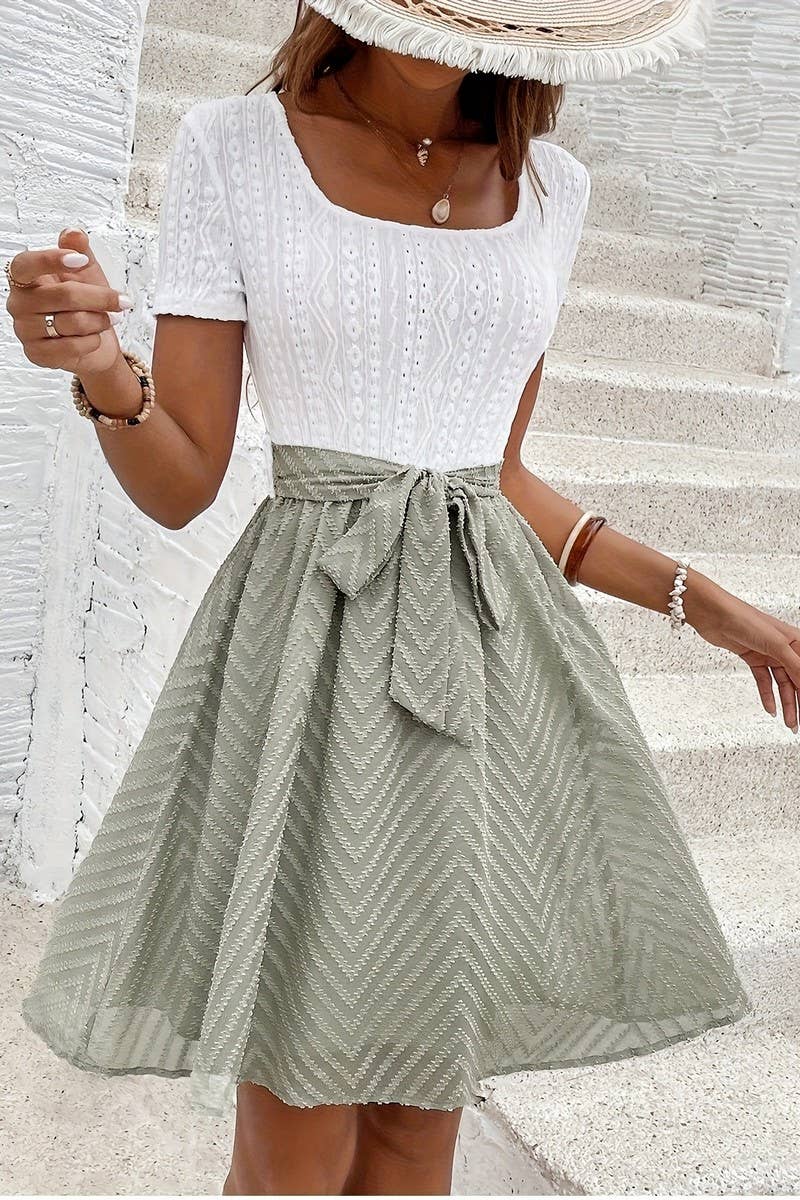 CWDSD8765_SUMMER SQUARE NECK PATCHWORK SLIM DRESS