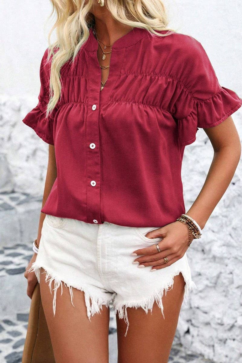 CWTSTS0679_SOLID COLOR STAND COLLAR CASUAL SHORT SLEEVE SHIR