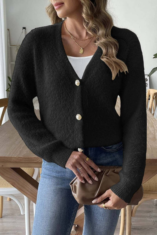 CWOSWL07337_WOMEN FAUXPEARL BUTTON KNIT CARDIGAN