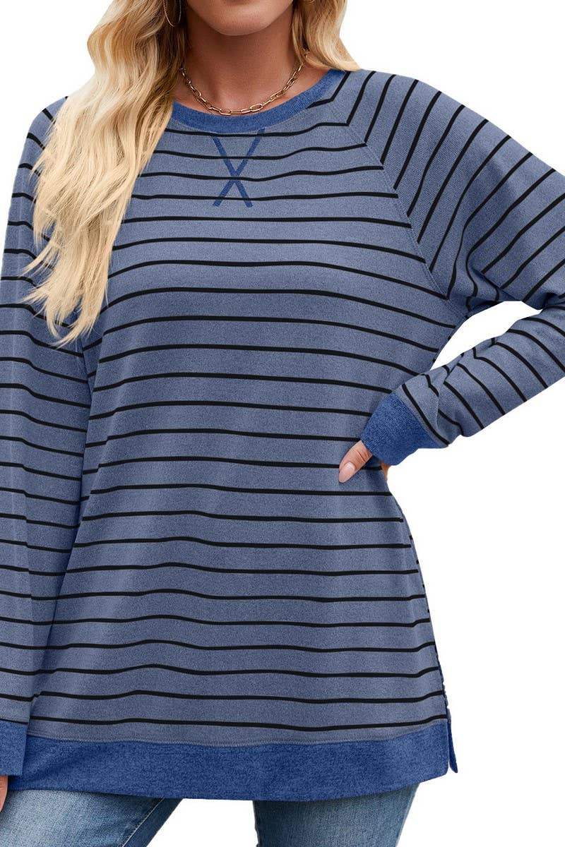 CWTBLL3663_STRIPED PATCHWORK ROUND NECK LONG SLEEVED T-SHIRT
