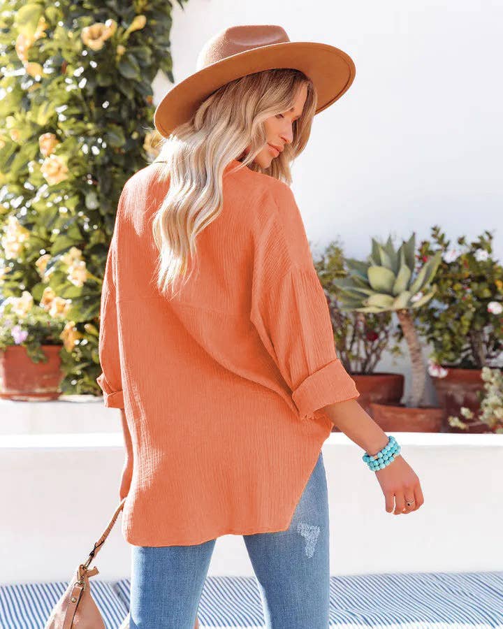 BAT-SLEEVED CASUAL SOLID COLOR LONG-SLEEVED SHIRT