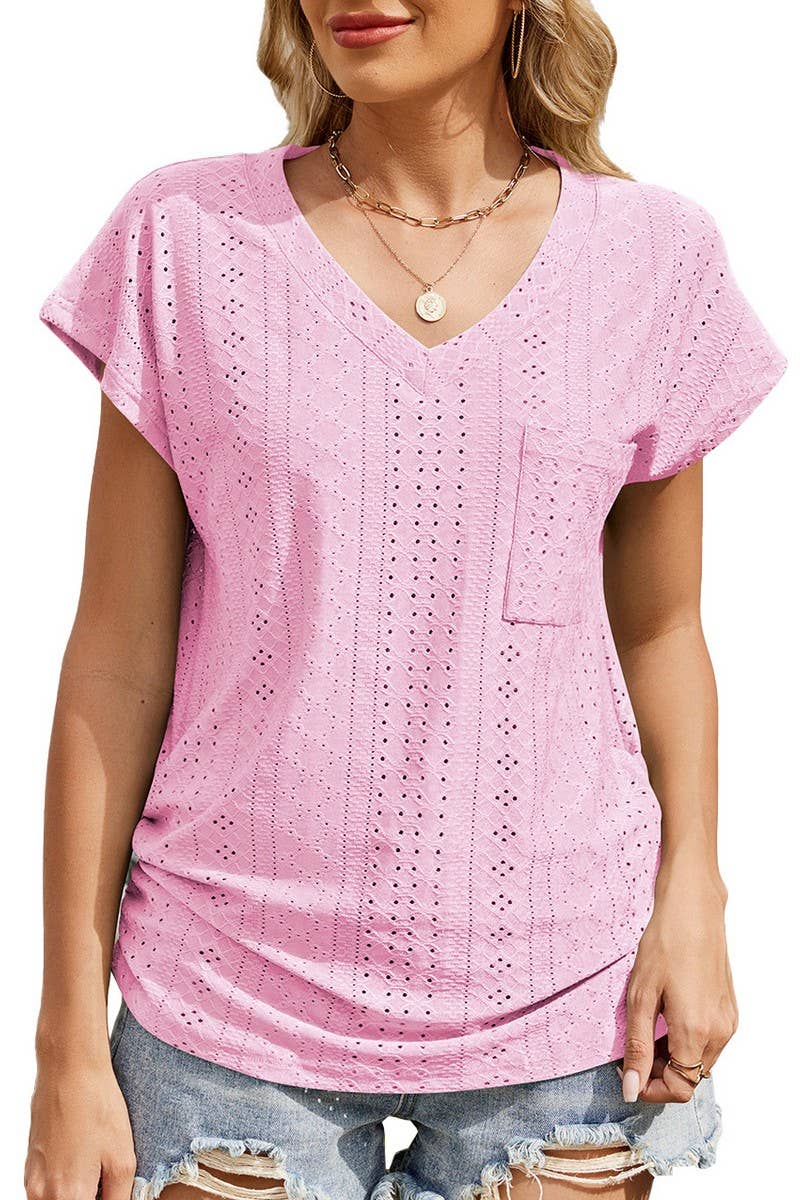 CWTBLS1730_SOLID COLOR V-NECK POCKET SHORT-SLEEVED TOP