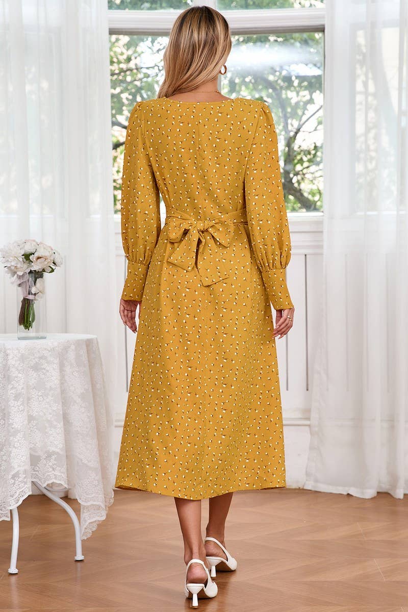 CWDMD3989_SMALL FLORAL ROUND NECK TIE LONG SLEEVE DRESS