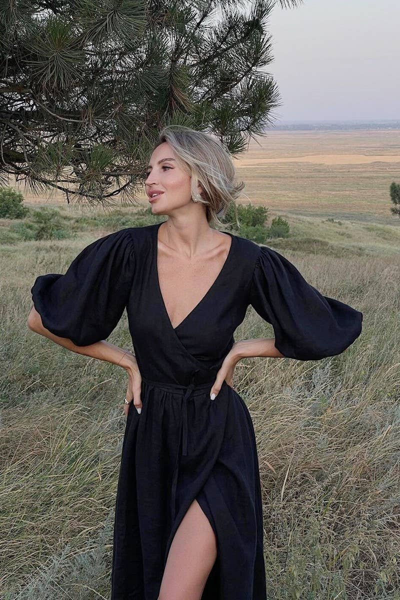 CWDMD5246_COTTON TIE-BACK PUFF SLEEVE MAXI DRESS