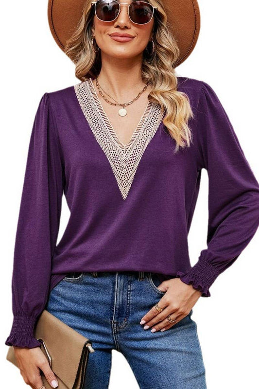 CWTBLL2395_V-NECK LACE RUFFLE SLEEVES LOOSE CASUAL TOP