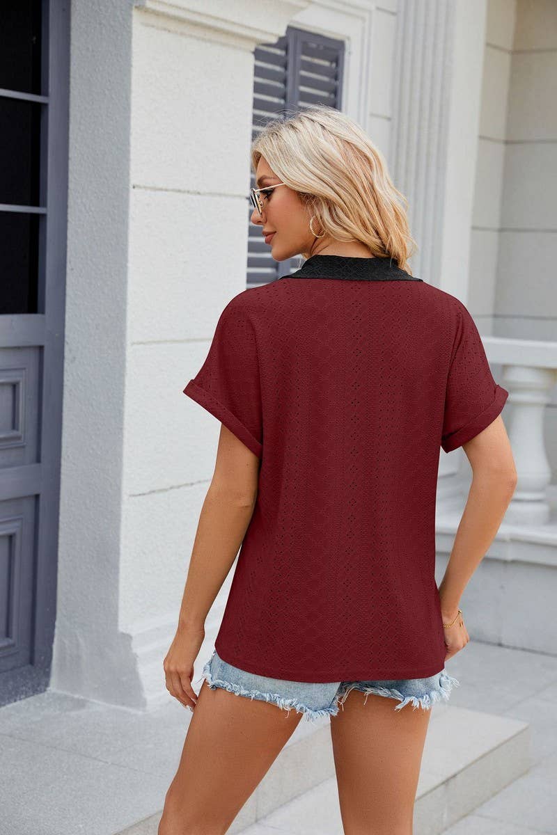 CWTTS0832_V-Neck Short Sleeve Knit Top