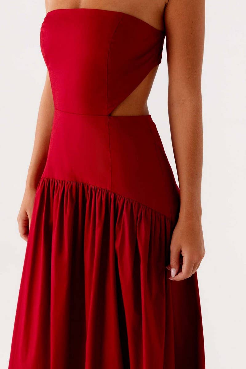 CWDTD0482_STRAPLESS RUCHED BACKLESS PATCHWORK DRESS