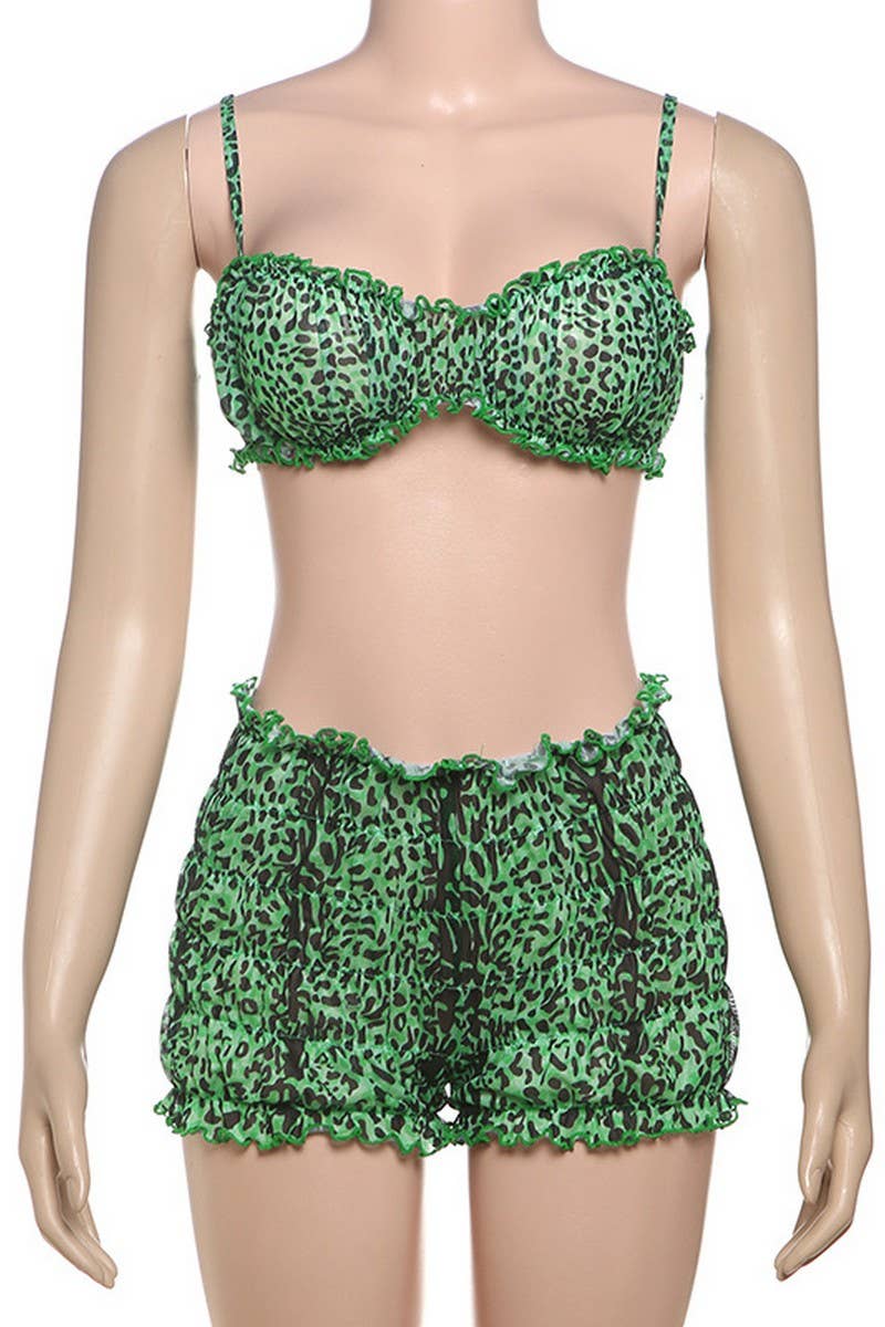 CWSS1284_SEXY LEOPARD LACE HALTER TOP SHORTS SET