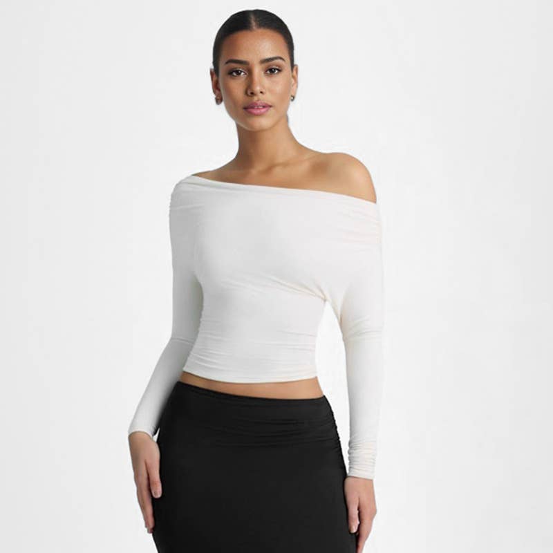 DIAGONAL NECK PLEATED WAIST SOLID COLOR T-SHIRT