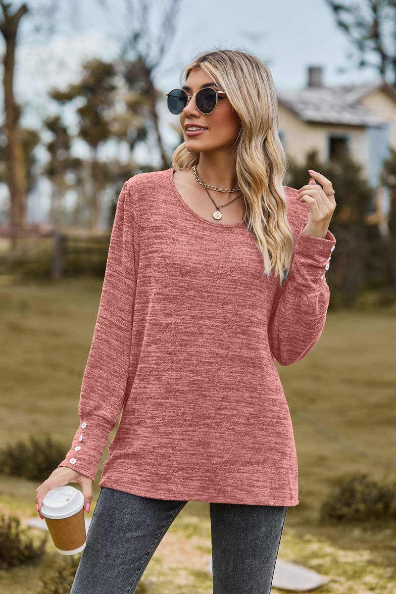CWTBLL3688_SOLID COLOR ROUND NECK LOOSE CASUAL LONG SLEEVE T