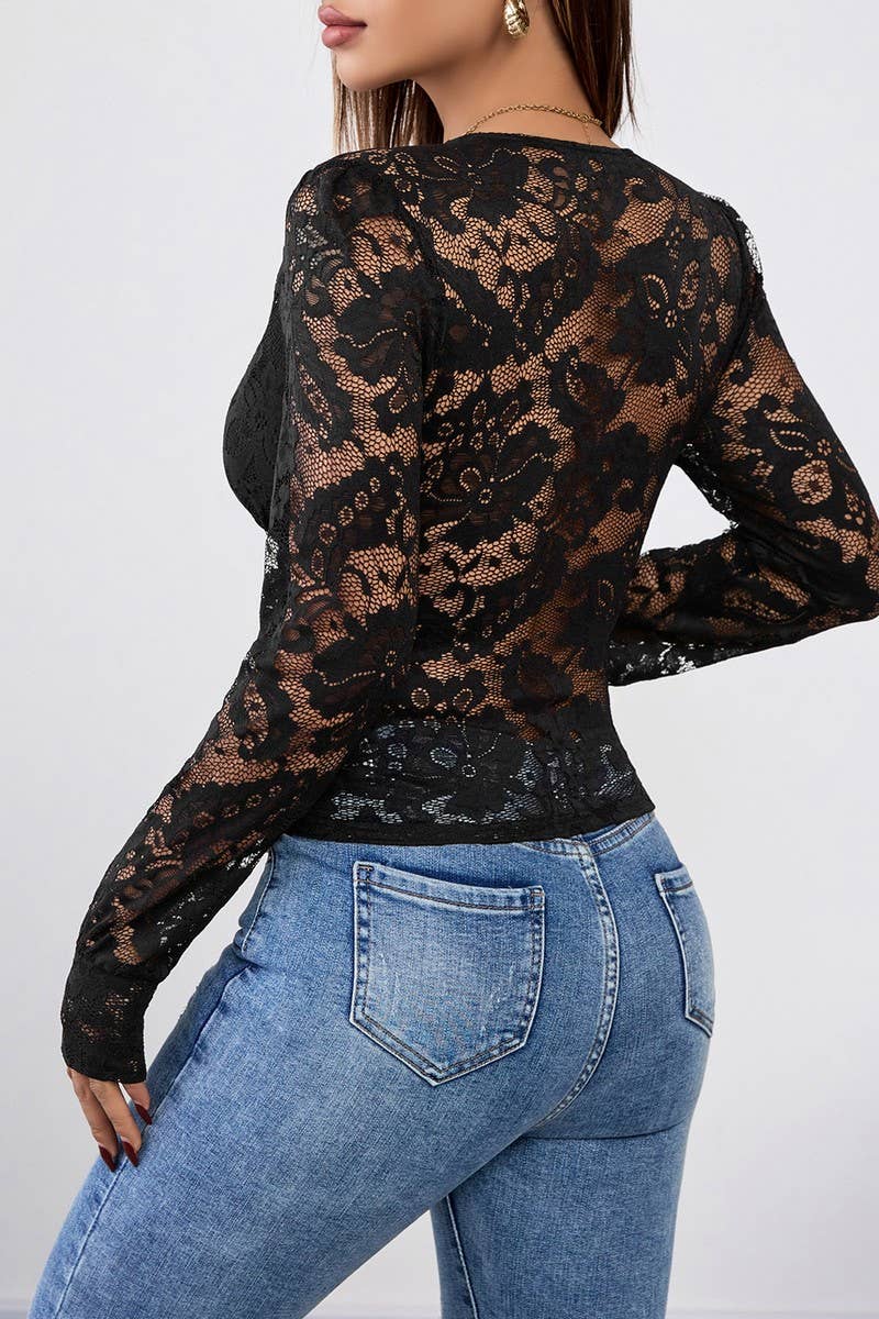 CWTBLL3255_V-NECK BLACK PATCHWORK SLIM LACE TOP