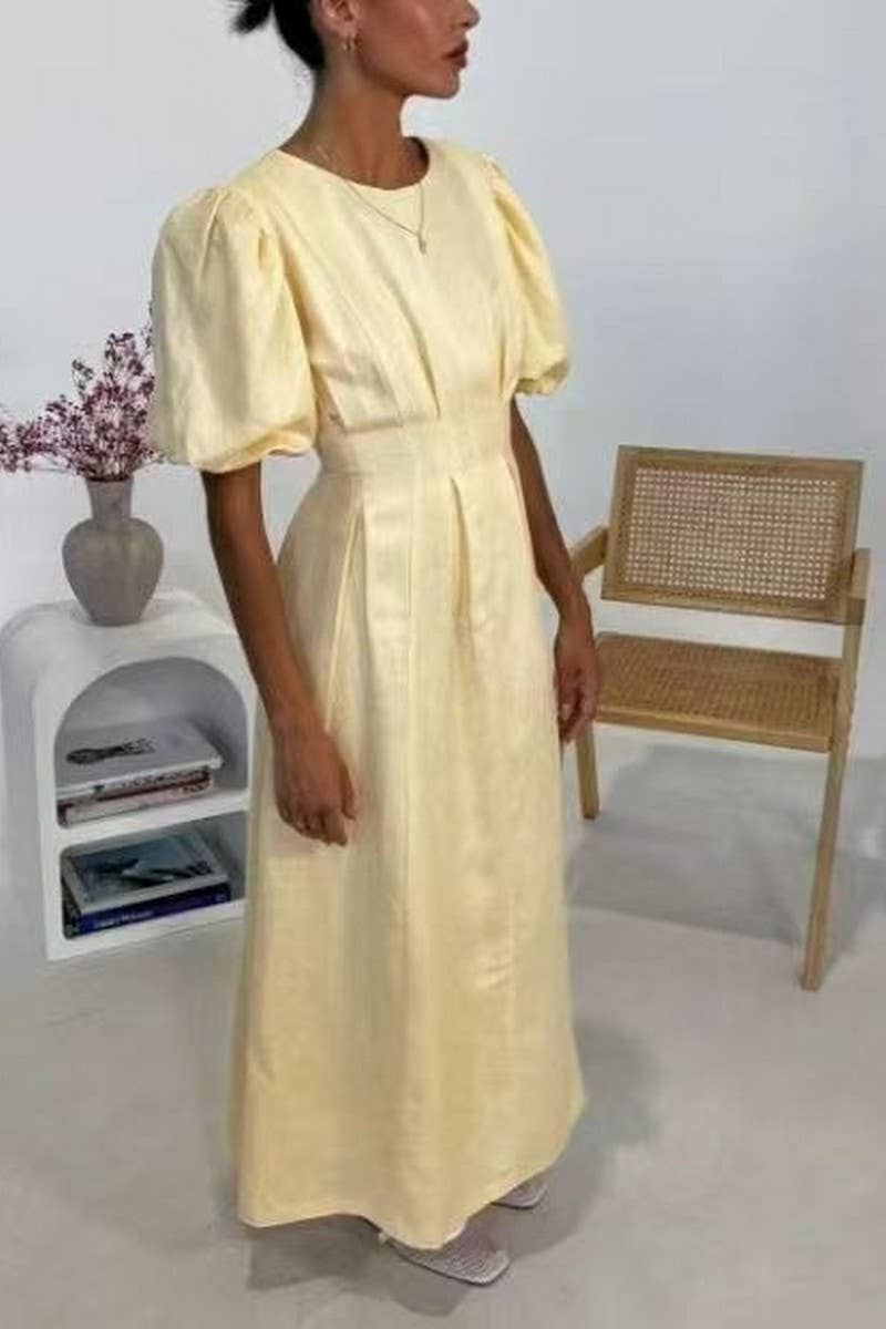 CWDMD6041_SOLID MAXI ELEGANT WAIST TIE SHORT SLEEVE DRESS