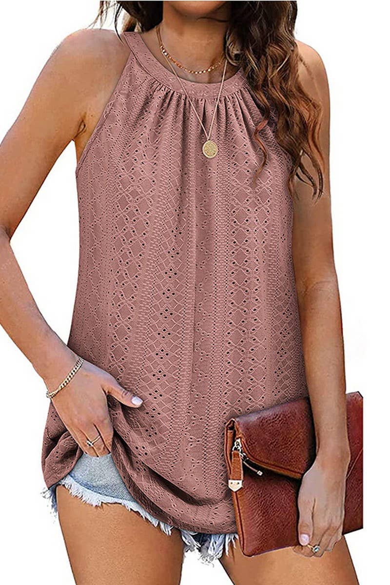 CWTTK0442_CASUAL CREW NECK EYELET SLEEVELESS TANK TOP