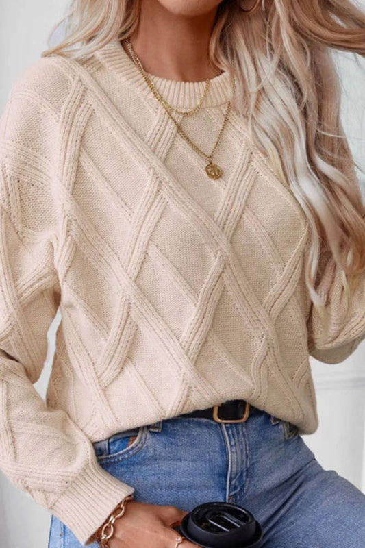 CWOSWL5128_WINTER CREW NECK LONG SLEEVE DIAMOND SWEATER