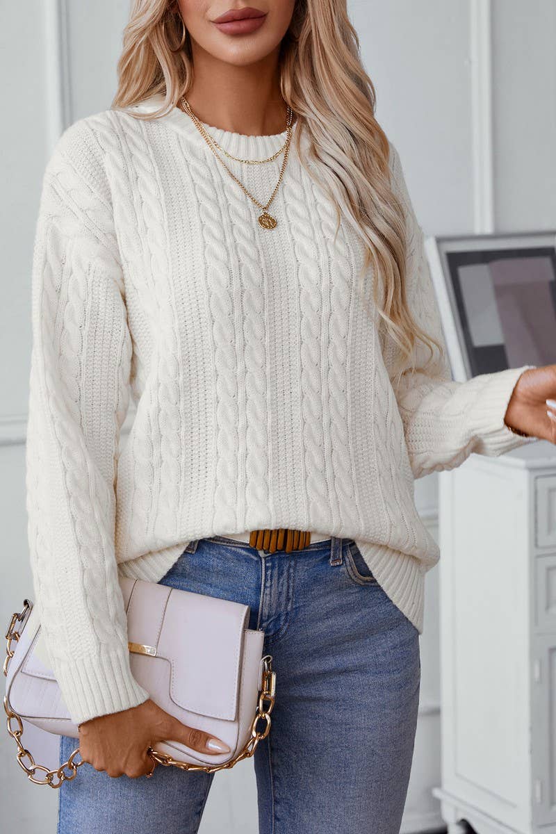 CWOSWL2867_CREW NECK TWIST CABLE KNIT SWEATER