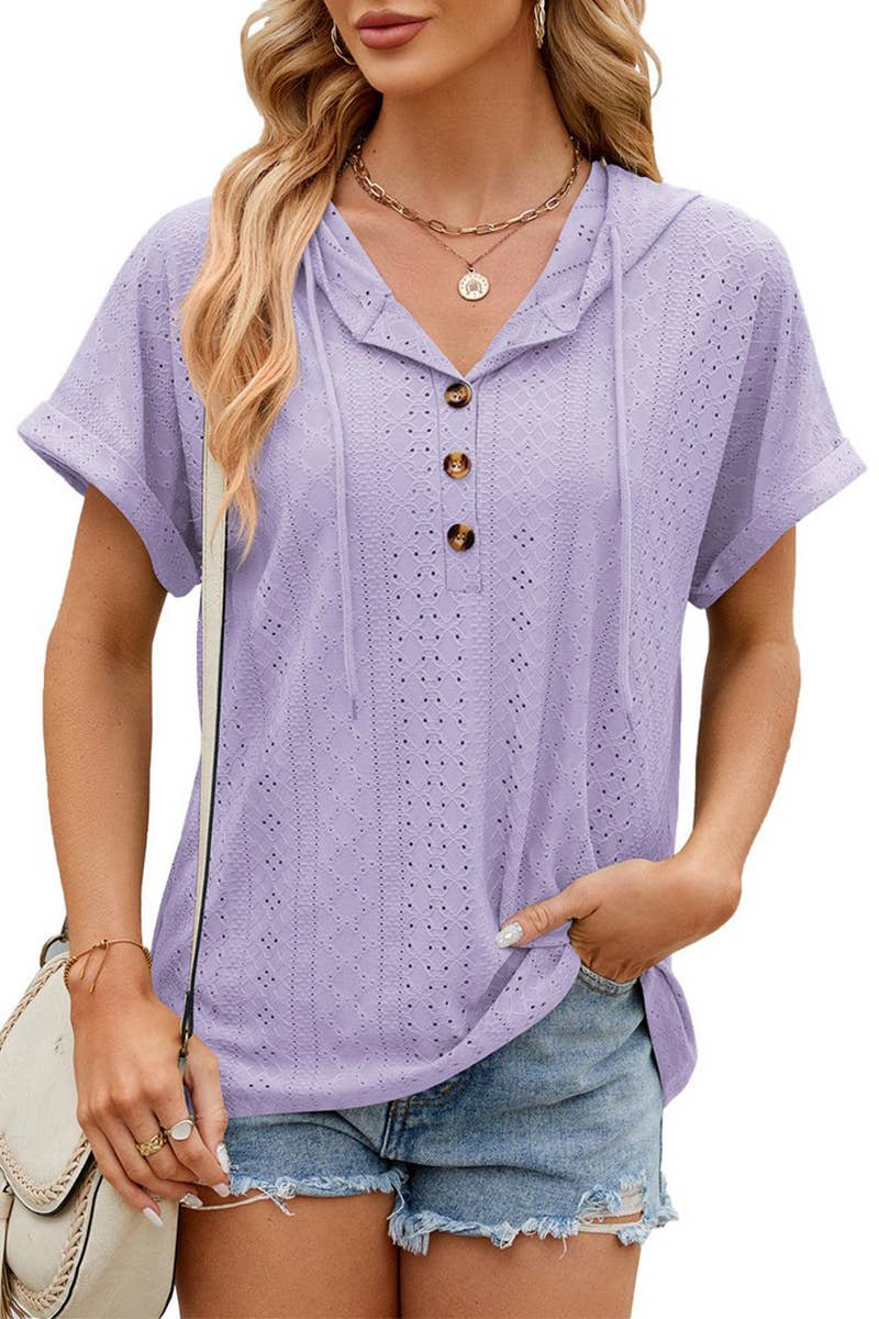 CWTTS1351_SUMMER BUTTON HOODED SHORT-SLEEVED T-SHIRT