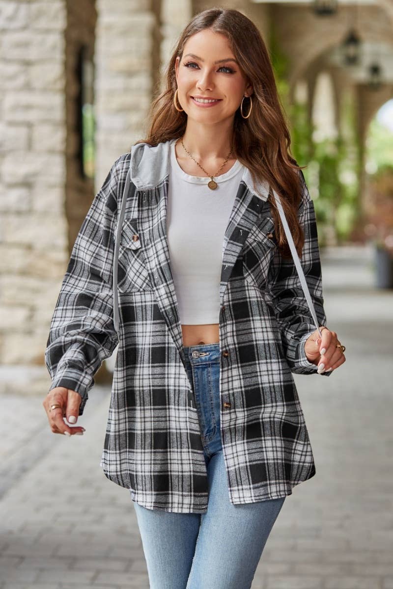 CWTSTL1718_FALL CASUAL LONG-SLEEVED HOODED PLAID SHIRT TOP