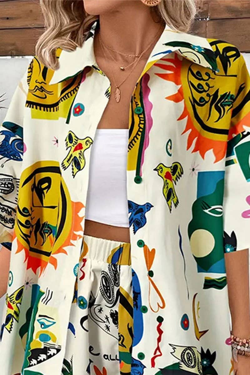 CWSS1119_CONTRAST COLOR CASUAL GRAFFITI PRINT TWO-PIECE