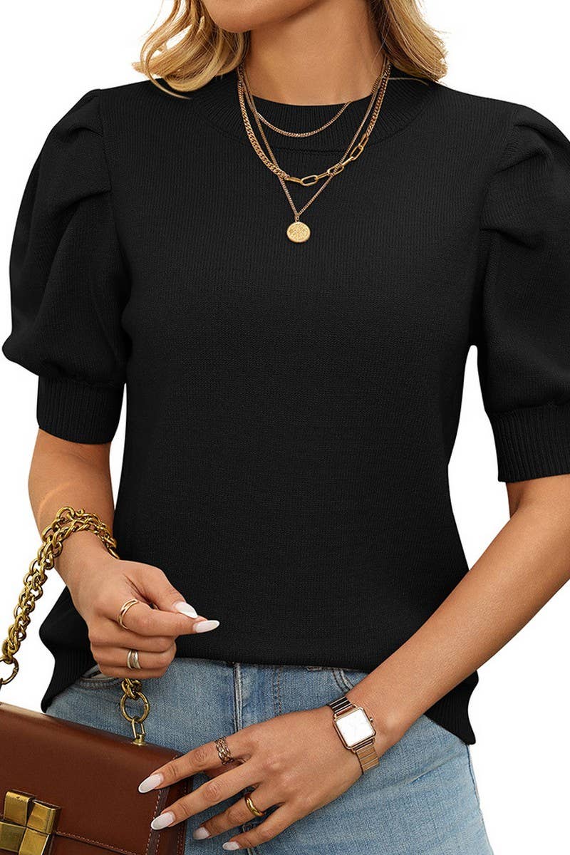 CWOSWS0126_SOLID COLOR ROUND NECK PUFF SLEEVE KNITTED TOP