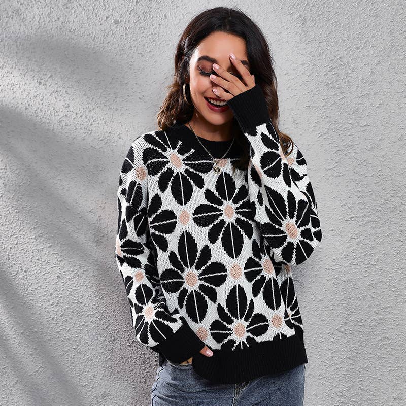 FLORAL DROP SHOULDER LONG-SLEEVED KNIT SWEATER