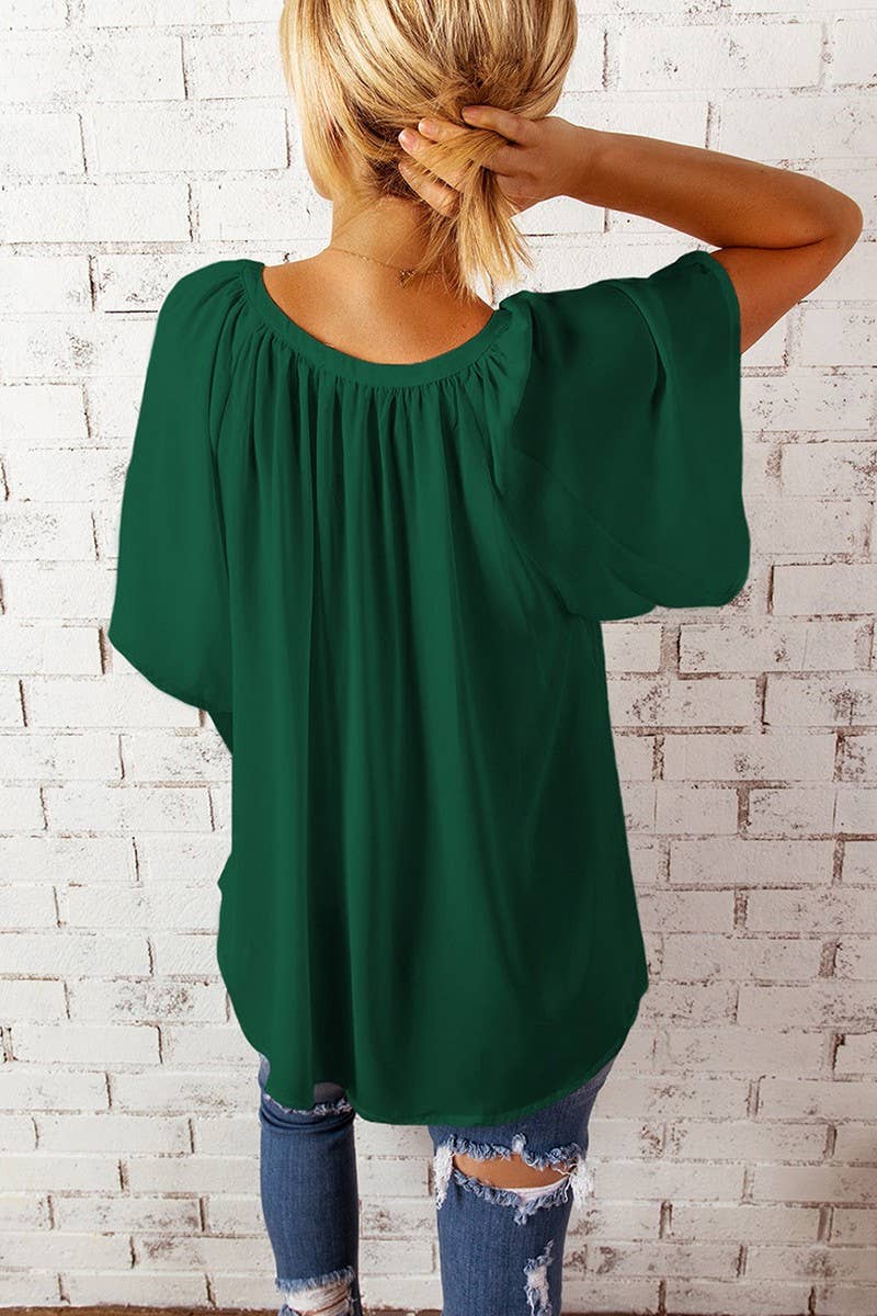 CWTBLS1790_SOLID COLOR LOOSE V-NECK T-SHIRT CHIFFON SHIRT