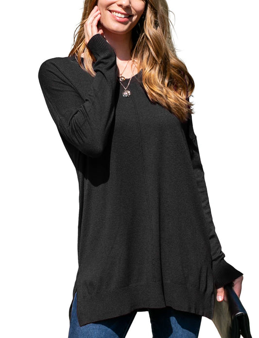 CWOSWL1826_V NECK LOOSE FIT TUNIC LENGTH SOFT SWEATER TOP