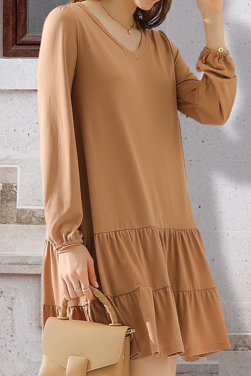 CWDSD10356_LONG SLEEVE SHIRRING LAYERED HEM MINI DRESS