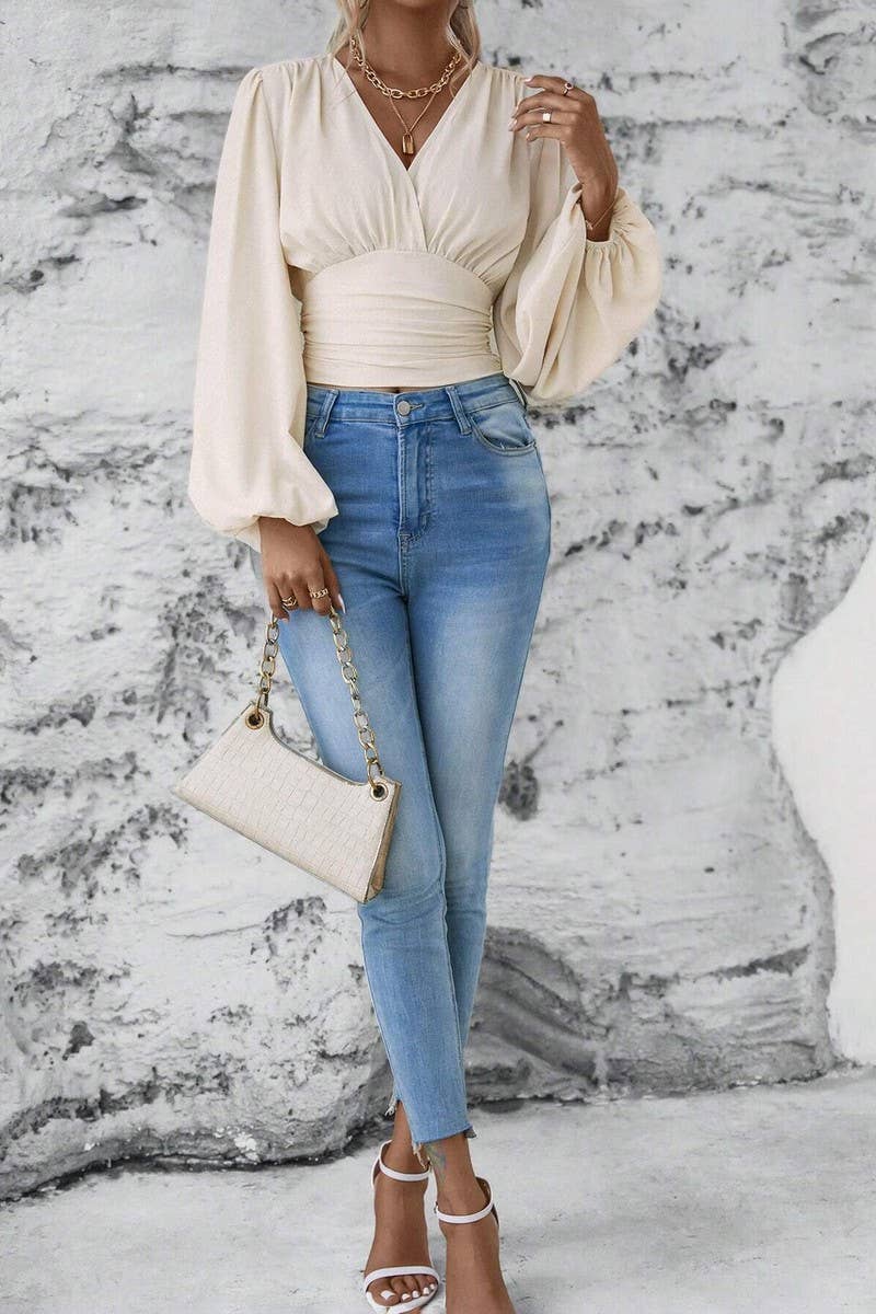 CWTTL2007_SPRING AND AUTUMN FASHION WAIST V-NECK TOP