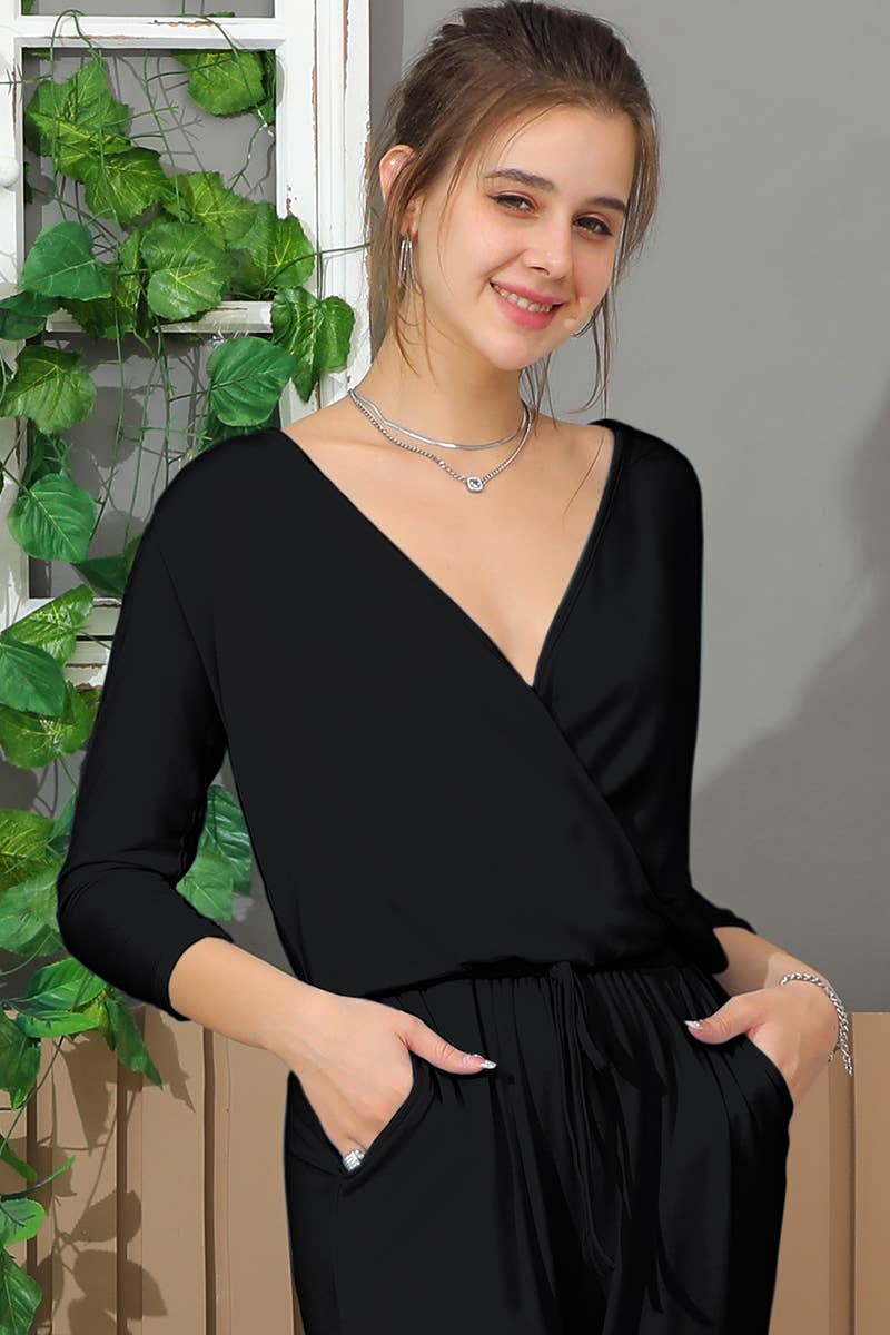 CWSJS221_V Neck Casual Jumpsuits Long Sleeve