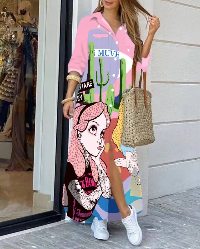 Fashion Long-Sleeved Printed Shirtdress - Recycled Material