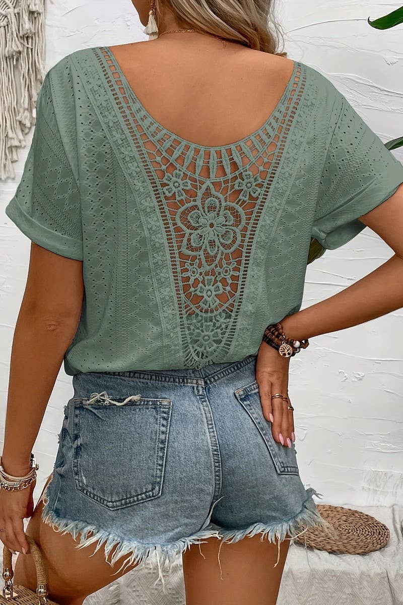CWTTS1397_SUMMER SOLID COLOR EMBROIDERED HOLLOW T-SHIRT