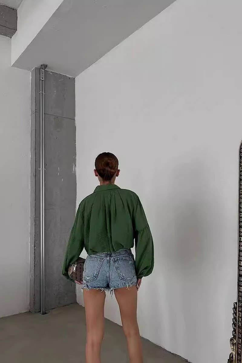 CWTBLL2918_SOLID COLOR LAPEL PUFF SLEEVE SHIRT TOP