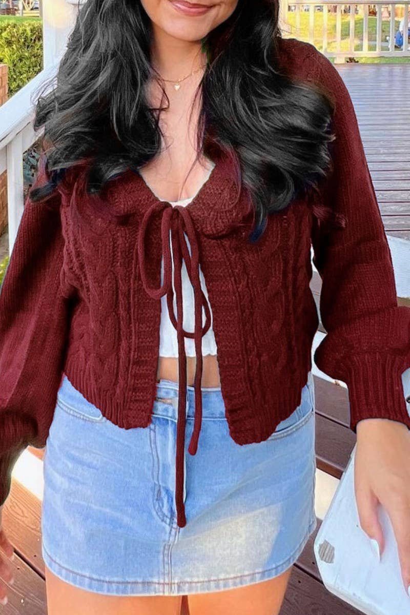 CWOCAL00827_SOLID V NECK CABLE KNIT TIE FRONT CARDIGAN