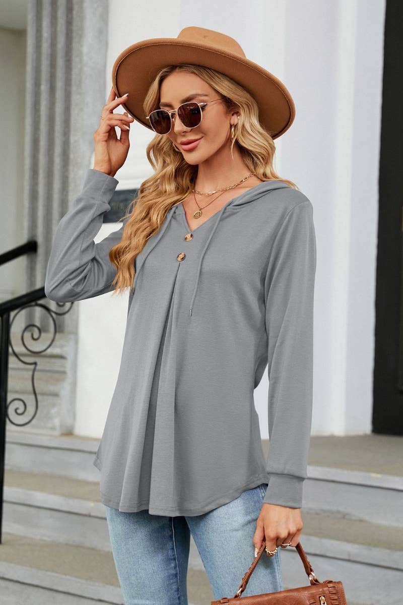 CWTBLL2682_SOLID COLOR DRAWSTRING LONG-SLEEVED HOODED TOP