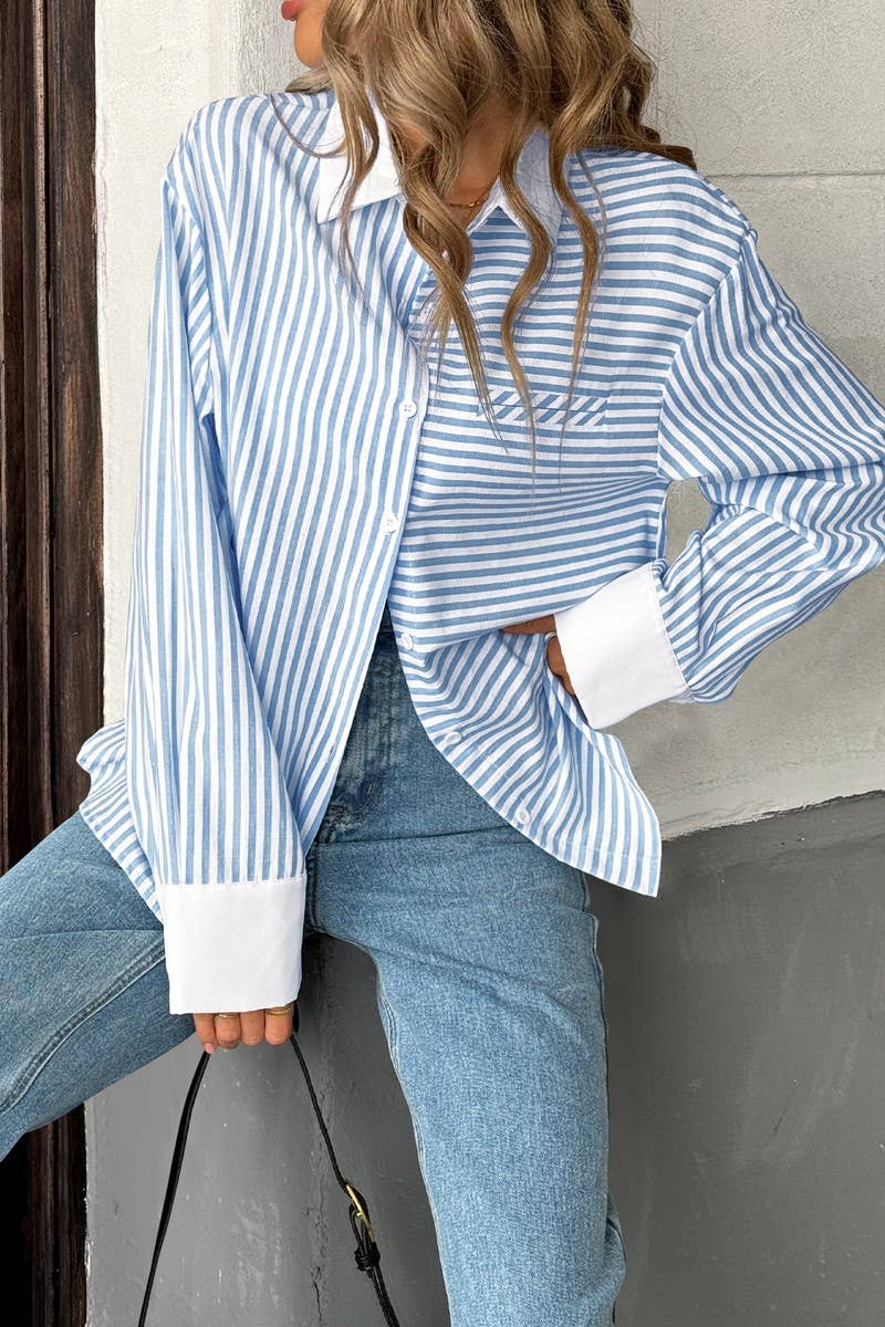 CWTSTL2892_STRIPED PATCHWORK ELEGANT SHIRT TOP
