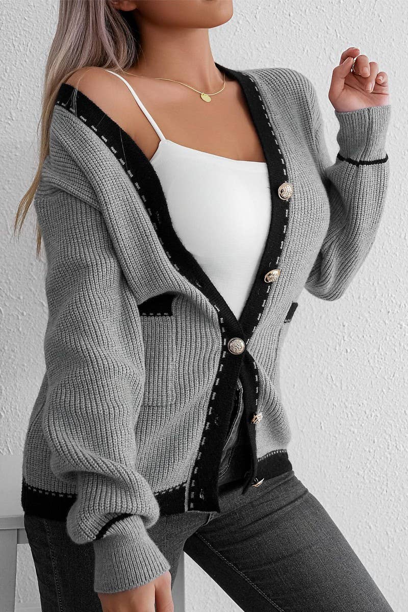 CWOCAL1480_V-NECK SINGLE-BREASTED KNITTED CARDIGAN COAT
