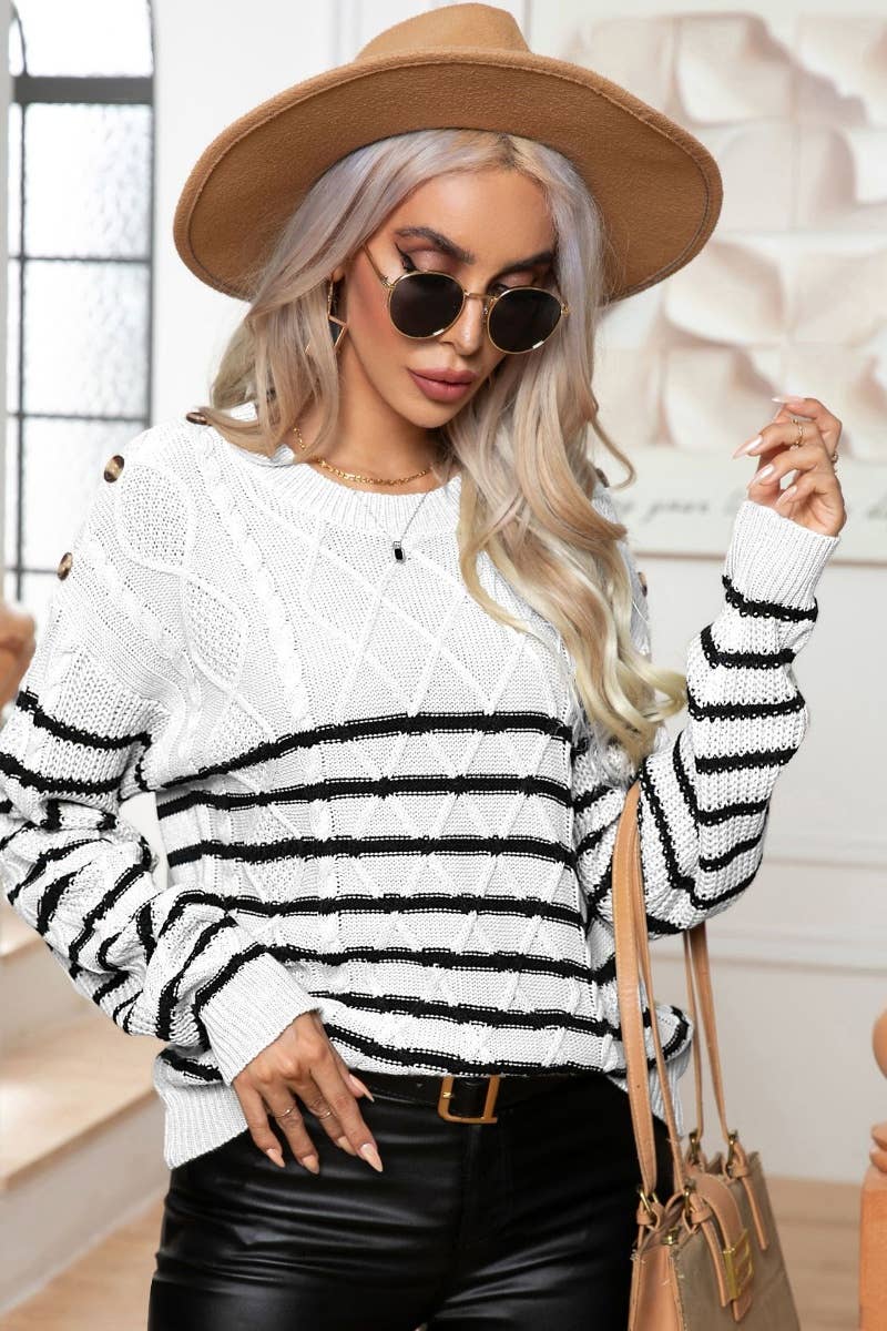 CWOSWL6370_VINTAGE BUTTON-UP LONG-SLEEVED STRIPED SWEATER